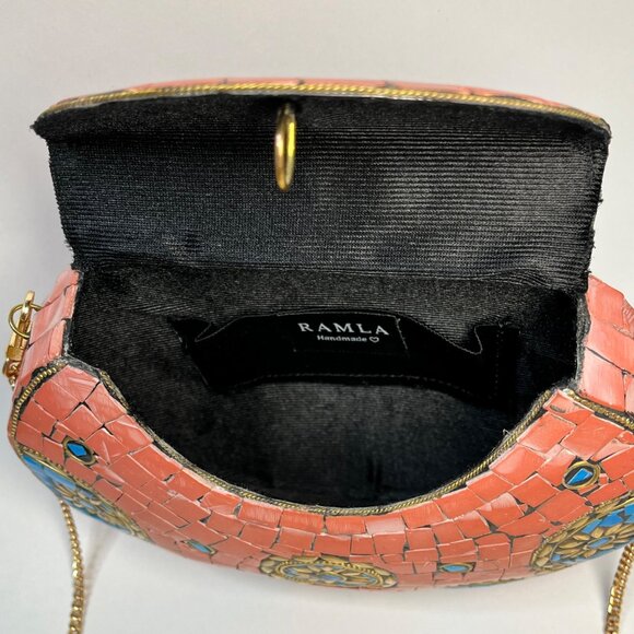 Ramla Design Handmade Mosaic Crossbody Purse Coral Blue Gold Accents rustic - Picture 5 of 9